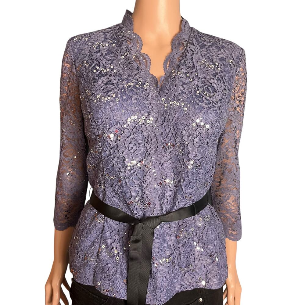 Alex Evenings Gray Lace Sequin Evening Wear Blouse Small Glam Party Cottage Core